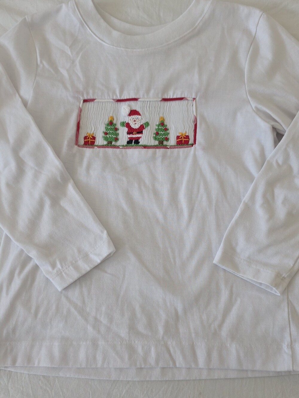 Smockingbird Boys Christmas Long Sleeve White T-Shirt with Santa 5T